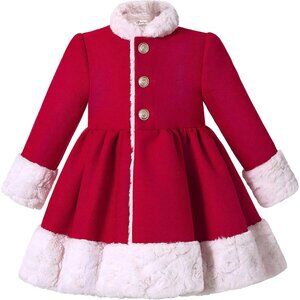 Girls Elegant Winter Christmas Fashion Faux Fur Collar Red Overcoat Party Coat